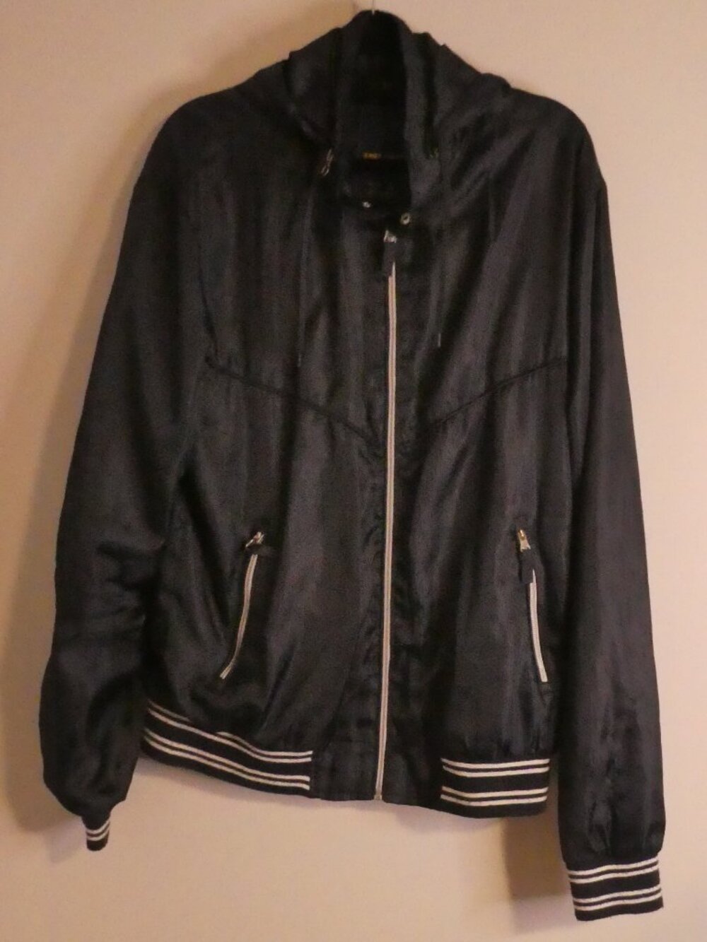 ZARA YOUTH  Hooded Windbreaker Bomber Jacket Striped Trim Vented Pits  - large